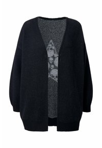 Cardigan noir avec une coupe ample, décolleté en V profond et manches longues. Présente une doublure intérieure grise texturée avec un motif géométrique.