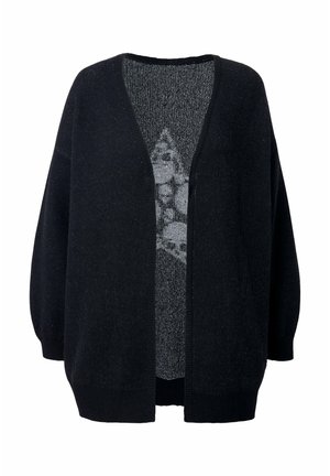 Cardigan noir avec une coupe ample, décolleté en V profond et manches longues. Présente une doublure intérieure grise texturée avec un motif géométrique.