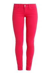 Schmal geschnittene Jeans aus leuchtend pinkem Baumwollstoff mit glatter Textur, mit einem Knopfverschluss vorne und zwei Taschen auf der Vorderseite.