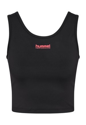 Svart ärmlös kort topp i stretchigt material, med rund halsringning och en rosa "hummel performance" logotyp på framsidan.