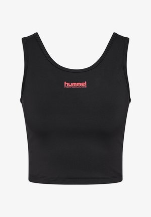 Zwarte mouwloze crop top van rekbare stof, met een ronde halslijn en een roze "hummel performance" logo aan de voorkant.