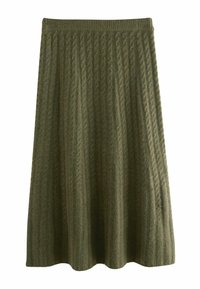 Olivgrüner Strickrock mit strukturierter Ripp-Optik und ausgestellter Form, der vertikale Zopf-Muster und einen bequemen Bund aufweist.
