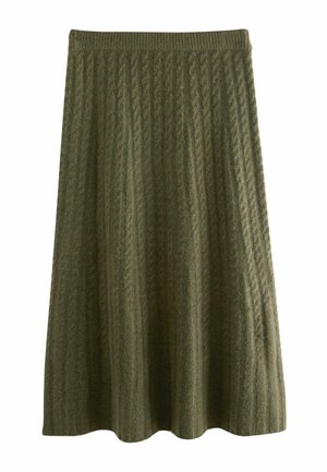 Olive green knit skirt with a ribbed texture and flared shape, featuring vertical cable patterns and a comfortable waistband.