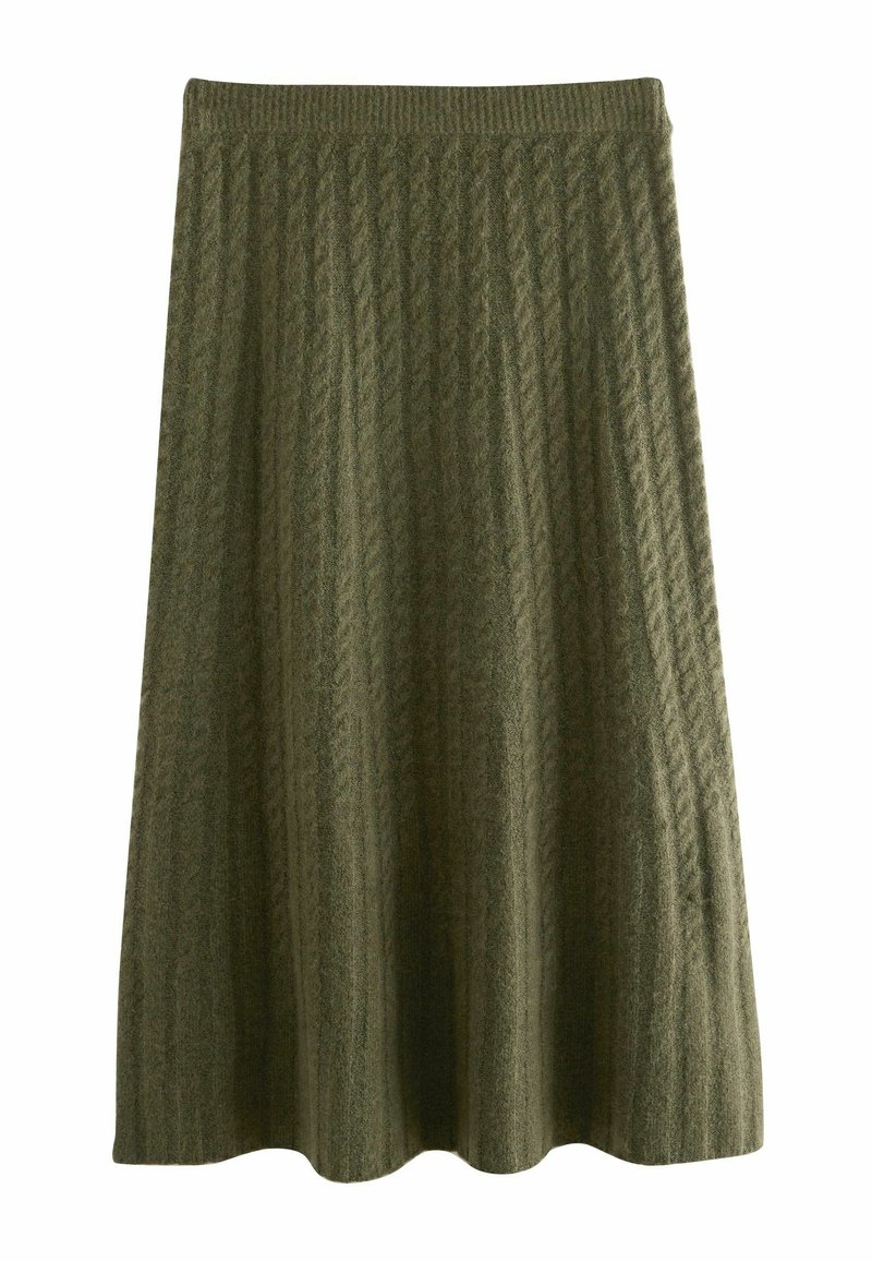 Olivgrüner Strickrock mit strukturierter Ripp-Optik und ausgestellter Form, der vertikale Zopf-Muster und einen bequemen Bund aufweist.