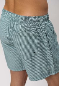 Triibulised särtsakad türkiissinises toonis, elastse vöörihma ja tagataskuga. Kangas tundub pehme ja tekstuurse viimistlusega.