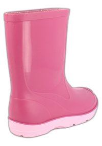 Roze rubberen laars met een gladde textuur, afgerond ontwerp en een witte zool. De bovenrand heeft een lichte lip en er zijn geen zichtbare patronen of hardware.