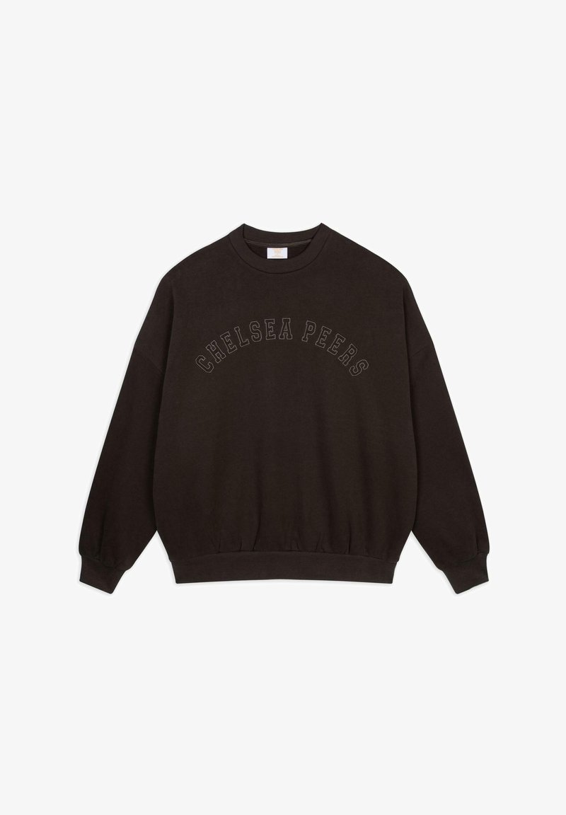 Dark brown sweatshirt with a ribbed crew neck, long sleeves, and elastic cuffs. Features the text "CHELSEA PEERS" in a curved design on the front.