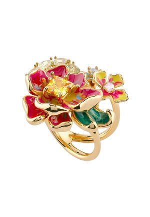 Złoty pierścień z dwoma kolorowymi emaliowanymi kwiatowymi wzorami o czerwonych, żółtych i zielonych płatkach oraz małymi kamieniami szlachetnymi w centrum.