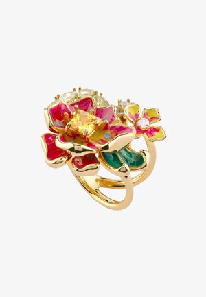 Bague en or ornée de deux motifs floraux en émail coloré avec des pétales rouges, jaunes et verts et de petits centres en pierres précieuses.