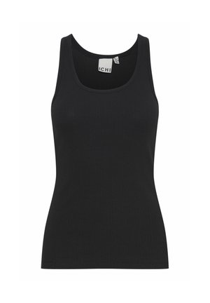 Sort ribbet tanktop med rund halsudskæring og brede skulderstropper. Lavet af blødt stof, har den en tætsiddende silhuet.