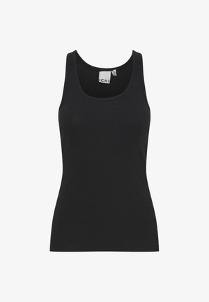 Sort ribbet tanktop med rund halsudskæring og brede skulderstropper. Lavet af blødt stof, har den en tætsiddende silhuet.