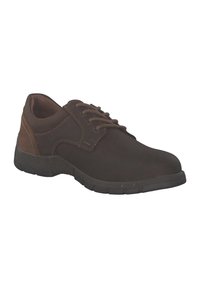 Scarpa marrone con lacci, superiore in pelle liscia, suola in gomma testurizzata e accenti marroni a contrasto sul tallone e sulle cuciture.