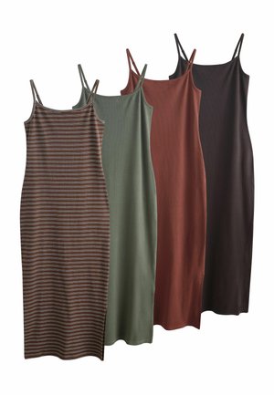 Vier ärmellose Midikleider mit dünnen Trägern in gestreiften Farben Braun, Olivgrün, Rost und Dunkelbraun, nebeneinander angeordnet.