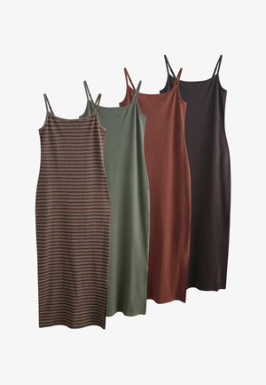 Quatre robes nuisettes sans manches, longueur midi, à fines bretelles, rayées marron, vert olive, rouille et marron foncé, disposées côte à côte.