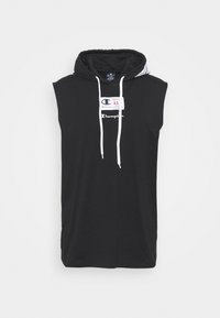 Black sleeveless hoodie in soft fabric with a drawstring, featuring a logo patch on the front and a contrasting inner lining in the hood.