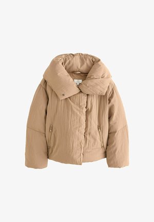 Bežinė pūkinė striukė su plačiu apykakle, užtrauktuku uždaromomis šoninėmis kišenėmis ir tekstūruota medžiaga. Yra priekinis snapo uždarymas ir trumpintas siluetas.