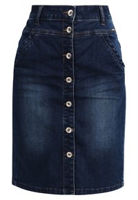 Tmavě modrá džínová sukně rovného střihu, se řadou kovových knoflíků vpředu a dvěma bočními kapsami.