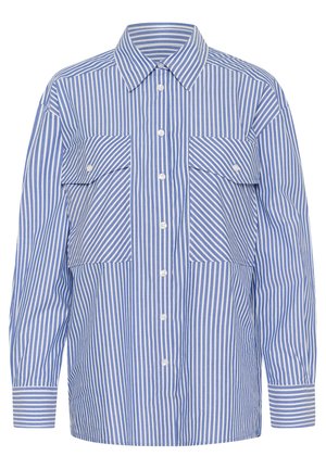 Blauw-wit gestreepte shirt met een kraag, twee borstzakken en lange mouwen. Gemaakt van lichtgewicht stof en voorzien van knopen aan de voorkant.