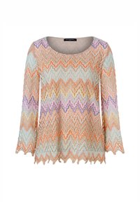 Spitzenoberteil mit einem Zickzackmuster in Pastellfarben wie Orange, Lavendel und Mint, mit einem runden Halsausschnitt und ausgestellten Ärmeln.