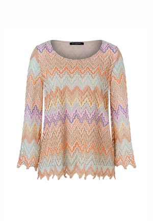 Spitzenoberteil mit einem Zickzackmuster in Pastellfarben wie Orange, Lavendel und Mint, mit einem runden Halsausschnitt und ausgestellten Ärmeln.