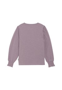 Lila Langarmoberteil mit gerafften Puffärmeln, Rundhalsausschnitt und elastischen Bündchen. Der Stoff hat eine dezente Textur.