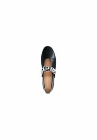 Black leather shoe with a rounded toe and a small elastic band featuring silver accents. The interior is tan, and the sole is flat.