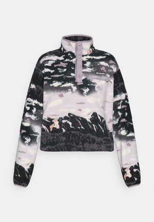 Fleece pullover in black, gray, and lavender with a high collar, button placket, and an abstract pattern; features a small chest pocket.