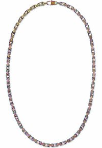Collana in metallo con catena composta da link rettangolari interconnessi con finitura arcobaleno. Include un clasp sicuro per la chiusura.