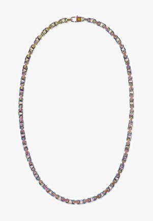 Collana in metallo con catena composta da link rettangolari interconnessi con finitura arcobaleno. Include un clasp sicuro per la chiusura.