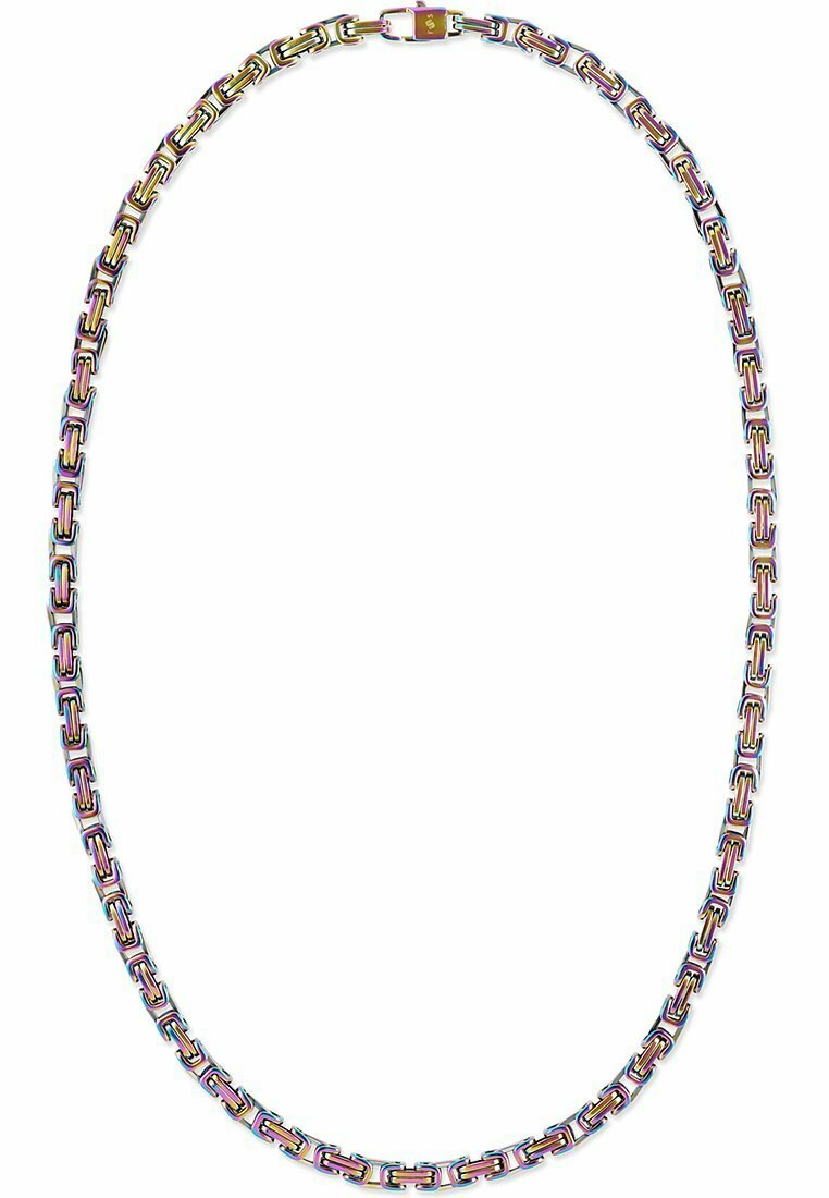 Collana in metallo con catena composta da link rettangolari interconnessi con finitura arcobaleno. Include un clasp sicuro per la chiusura.