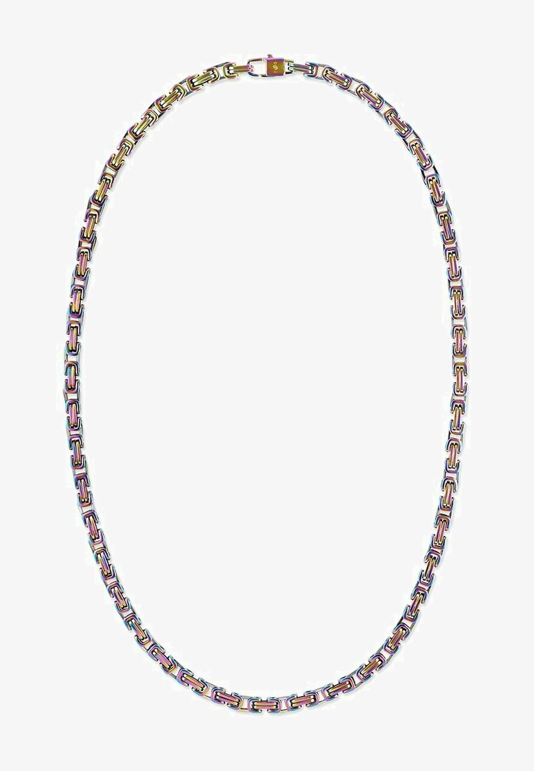 Metal kædedyse med indbyrdes sammenkoblede rektangulære led i en regnbuefarvet finish. Inkluderer en sikker lukning.