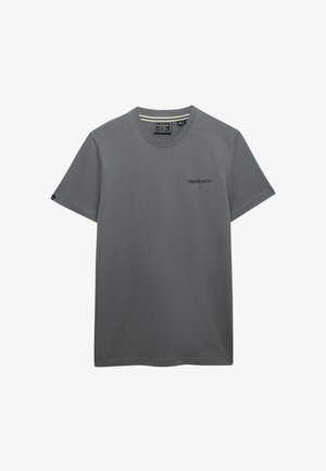 T-shirt gris à manches courtes avec col rond, logo "Superdry & Co" sur la poitrine et détail rayé à l'intérieur du col.