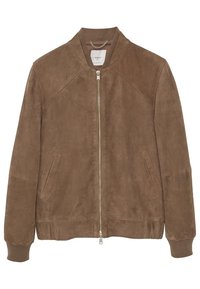 Bruine Suede bomberjack met een voorrits, ribbelmanchetten en zoom, en twee schuin geplaatste zijzakken.