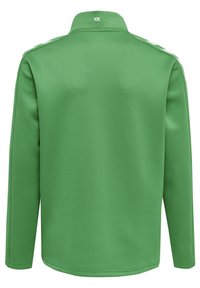 Felpa verde con colletto alto, maniche lunghe e strisce bianche sulle spalle. Texture liscia con un logo vicino al colletto.