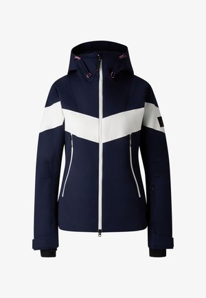 Navy ski jacket with white chevron pattern, two zippered pockets, adjustable hood, and contrasting finish on cuffs and hem.