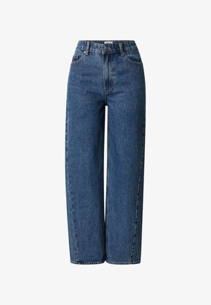 Hochtaillierte weit geschnittene Jeans aus blauer Denim. Merkmale sind vordere Taschen, Gürtelschlaufen und eine Knopfverschluss.