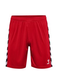 Röda sportshorts med svarta och vita chevron-randiga sidor; tillverkade av ett jämnt, lättviktigt material; elastisk midja; varumärkeslogotyp framtill.