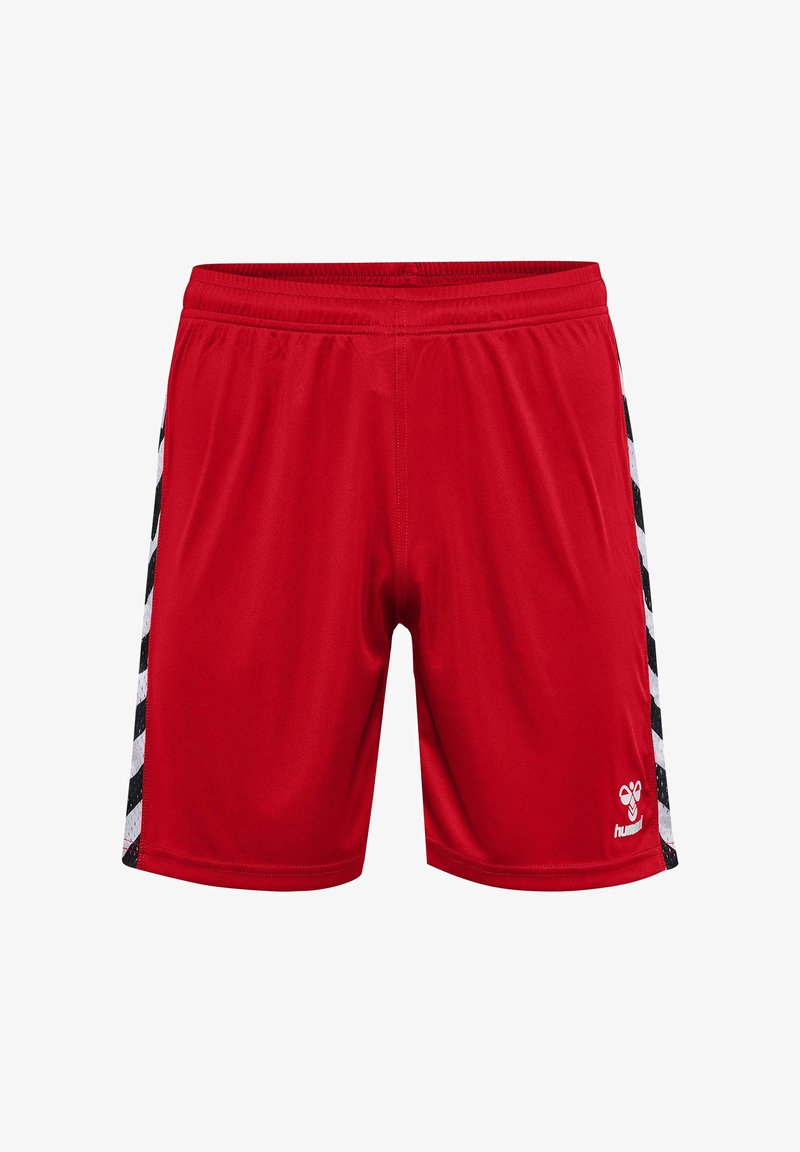 Rote Sportshorts mit schwarz-weißen Zickzack-Streifen an den Seiten; aus glattem, leichtem Stoff; elastischer Bund; Markenlogo auf der Vorderseite.