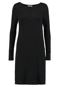 Robe en tricot noir à manches longues, col rond et silhouette droite, avec une texture lisse et un design minimaliste.