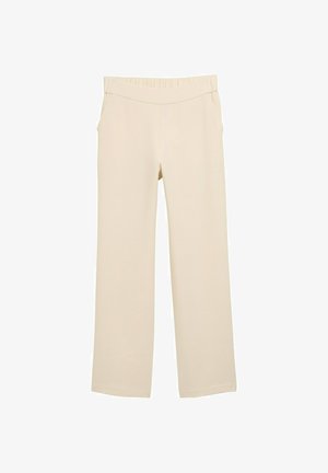 Bež hlače širokih nogavica z teksturirano tkanino, elastičnim pasom in stranskimi žepi. Imajo sproščen kroj in ravne nogavice.