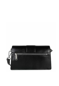 Borsa a tracolla in pelle nera con una forma strutturata, dotata di una tasca frontale con zip e di una tracolla rimovibile. Texture liscia e design minimalista.