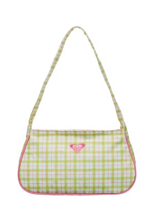 Kleine schoudertas met groen en roze ruitpatroon, roze bies en roze hartvormig logo gecentreerd aan de voorkant.