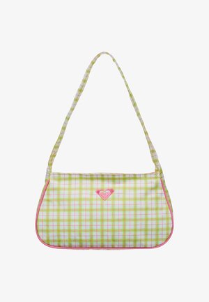 Petit sac à bandoulière avec motif à carreaux verts et roses, bordure rose et logo rose en forme de cœur centré sur le devant.