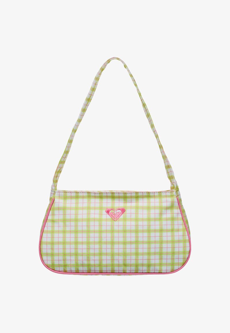 Μικρό τσαντάκι ώμου με πράσινο και ροζ καρό σχέδιο, ροζ περιμετρικά και ροζ λογότυπο σε σχήμα καρδιάς στο κέντρο του μπροστινού μέρους.