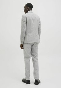 Costum gri deschis cu un model în carouri, compus dintr-o jachetă cu un singur rând de nasturi și pantaloni îngustați. Accesoriile includ pantofi negri și o cămașă albă.