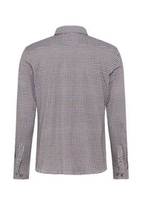 Camicia a maniche lunghe con motivo a quadri blu, bianco e marrone. Presenta un colletto a punta, polsini con bottone e un taglio dritto all'orlo.