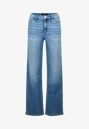 Hellblaue Jeans mit weitem Bein aus Denim, ausgestattet mit einem Knopf- und Reißverschluss, fünf Taschen und einem leicht ausgewaschenen Finish.