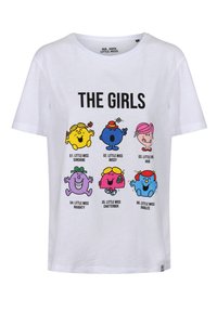 White cotton t-shirt featuring colorful cartoon characters with text "THE GIRLS" and names of characters below in black font. Short sleeves.