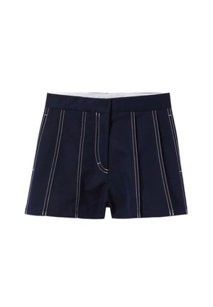 Shorts bleu marine avec des coutures verticales blanches et une seule poche à l'avant. Fabriqués dans un tissu lisse avec une taille ajustée.