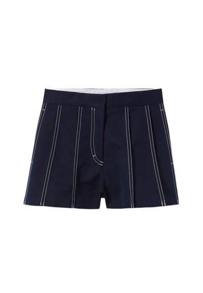 Pantaloncini blu navy con cuciture verticali bianche e una tasca frontale. Realizzati in un tessuto morbido con una vita aderente.